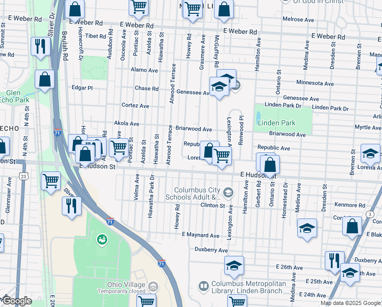 map of restaurants, bars, coffee shops, grocery stores, and more near 1020 Loretta Avenue in Columbus