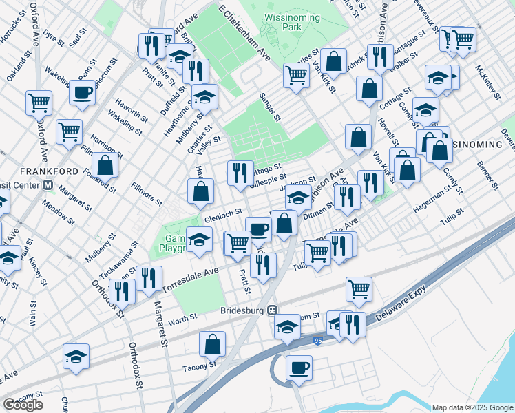 map of restaurants, bars, coffee shops, grocery stores, and more near 5218 Glenloch Street in Philadelphia