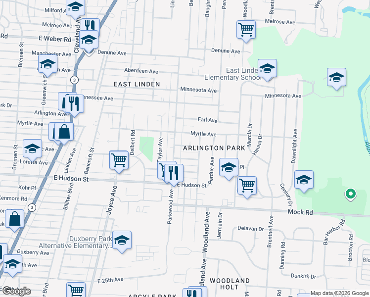 map of restaurants, bars, coffee shops, grocery stores, and more near 2322 Parkwood Avenue in Columbus