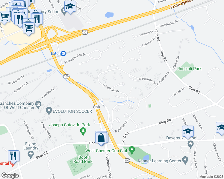 map of restaurants, bars, coffee shops, grocery stores, and more near 307 Huntington Court in West Chester