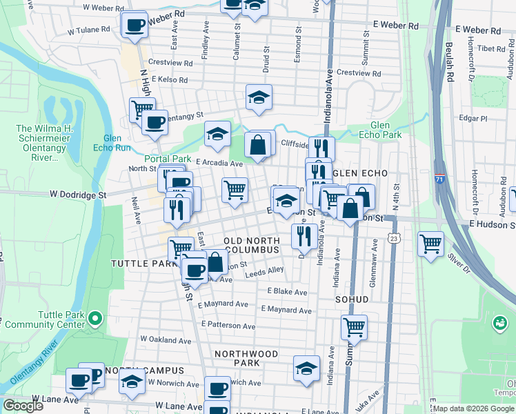 map of restaurants, bars, coffee shops, grocery stores, and more near 224 East Hudson Street in Columbus