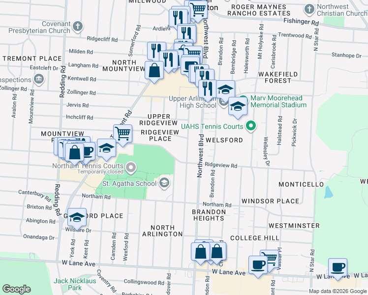 map of restaurants, bars, coffee shops, grocery stores, and more near 2879 Welsford Road in Columbus
