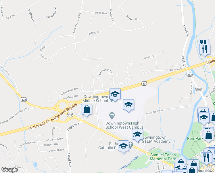 map of restaurants, bars, coffee shops, grocery stores, and more near 1008 Millstone Court in Downingtown