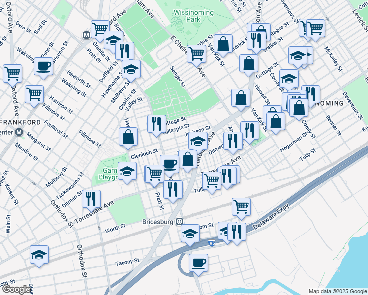 map of restaurants, bars, coffee shops, grocery stores, and more near 5259 Glenloch Street in Philadelphia