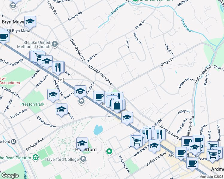 map of restaurants, bars, coffee shops, grocery stores, and more near 414 Old Lancaster Road in Haverford