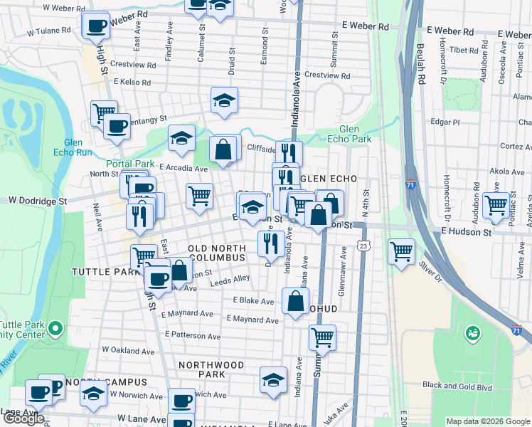 map of restaurants, bars, coffee shops, grocery stores, and more near 272 East Hudson Street in Columbus