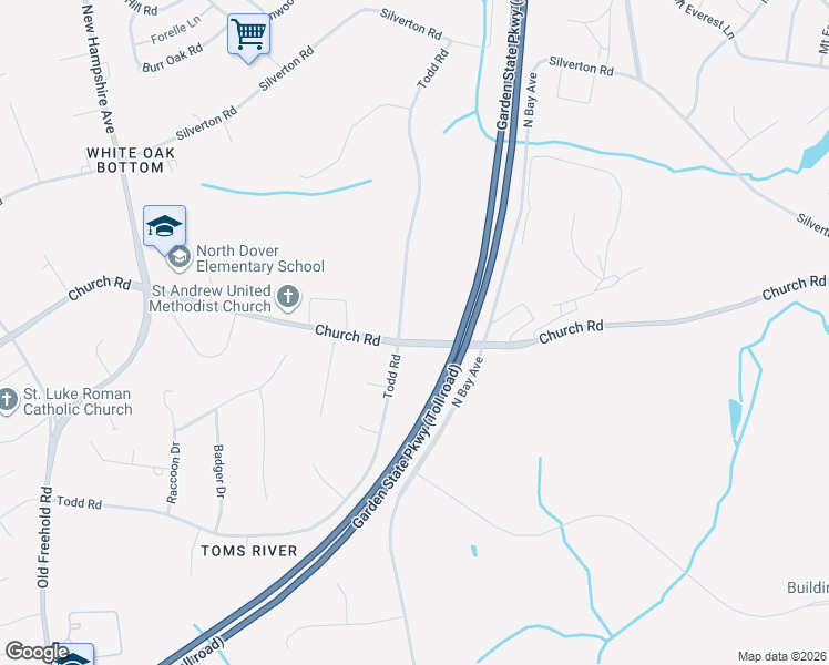 map of restaurants, bars, coffee shops, grocery stores, and more near 1749 Todd Road in Toms River