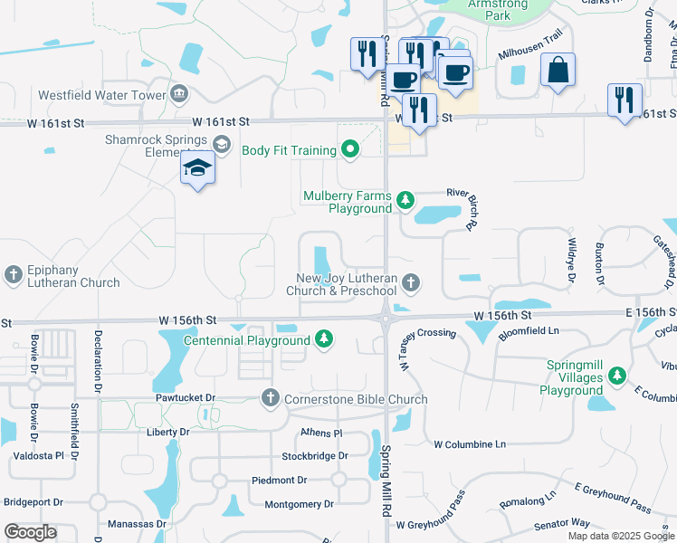 map of restaurants, bars, coffee shops, grocery stores, and more near 509 Zephyr Way in Westfield