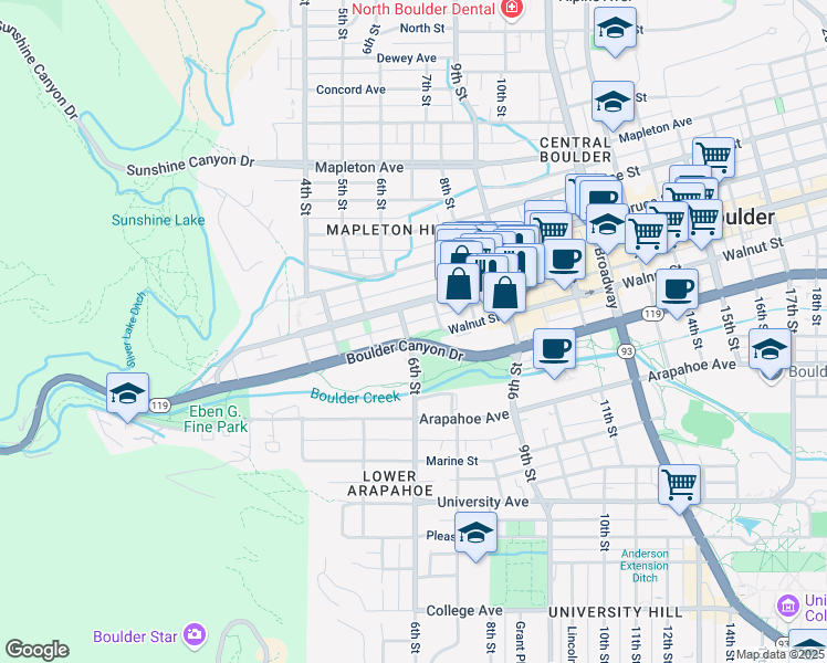map of restaurants, bars, coffee shops, grocery stores, and more near 601 Canyon Boulevard in Boulder