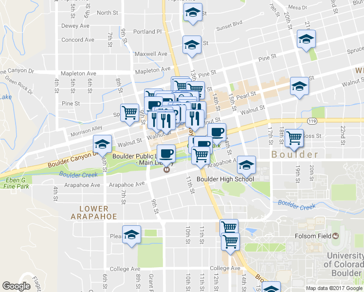 map of restaurants, bars, coffee shops, grocery stores, and more near 1106 Boulder Canyon Dr in Boulder