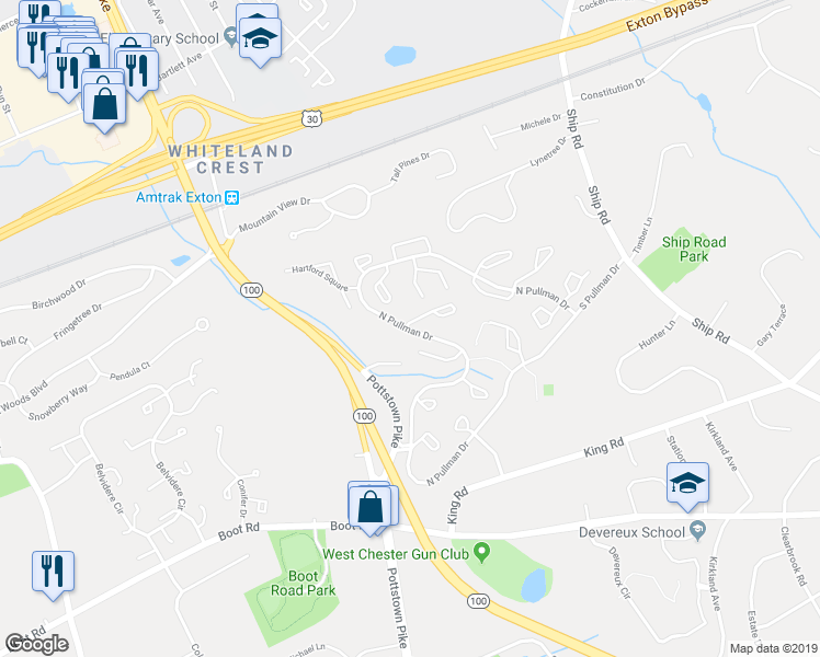 map of restaurants, bars, coffee shops, grocery stores, and more near 309 Huntington Court in West Chester