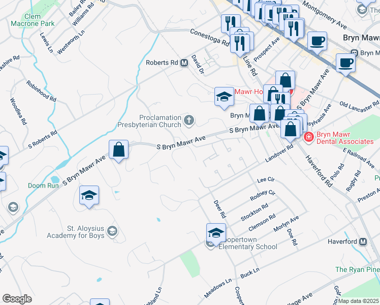 map of restaurants, bars, coffee shops, grocery stores, and more near 103 Birches Lane in Bryn Mawr
