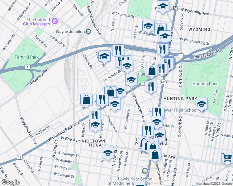 map of restaurants, bars, coffee shops, grocery stores, and more near 1717 West Hunting Park Avenue in Philadelphia
