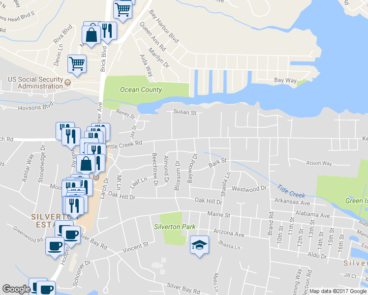 map of restaurants, bars, coffee shops, grocery stores, and more near 88 Almond Drive in Toms River