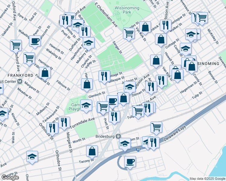 map of restaurants, bars, coffee shops, grocery stores, and more near 5224 Glenloch Street in Philadelphia