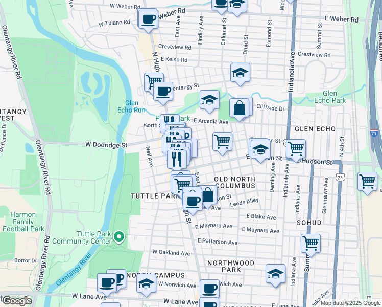 map of restaurants, bars, coffee shops, grocery stores, and more near 45 East Duncan Street in Columbus