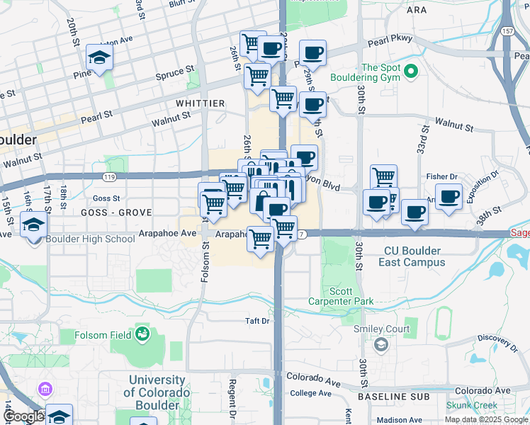 map of restaurants, bars, coffee shops, grocery stores, and more near 1633 28th Street in Boulder