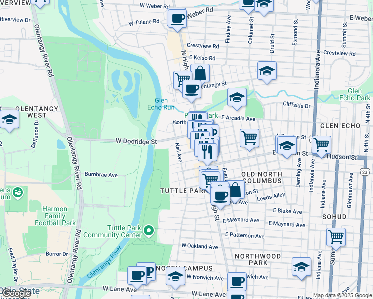 map of restaurants, bars, coffee shops, grocery stores, and more near 48 West Duncan Street in Columbus