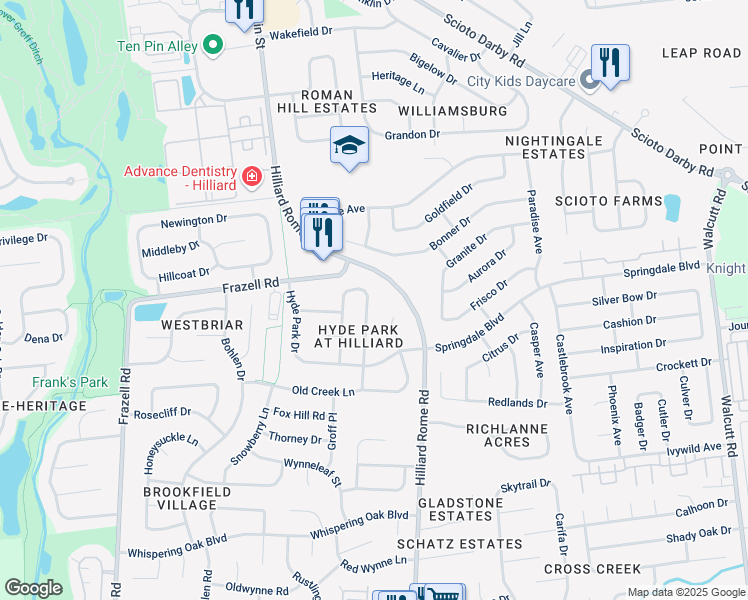 map of restaurants, bars, coffee shops, grocery stores, and more near 3134 Stouenburgh Drive in Hilliard