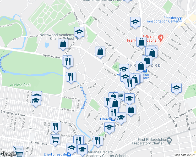 map of restaurants, bars, coffee shops, grocery stores, and more near 4418 E Wingohocking St in Philadelphia