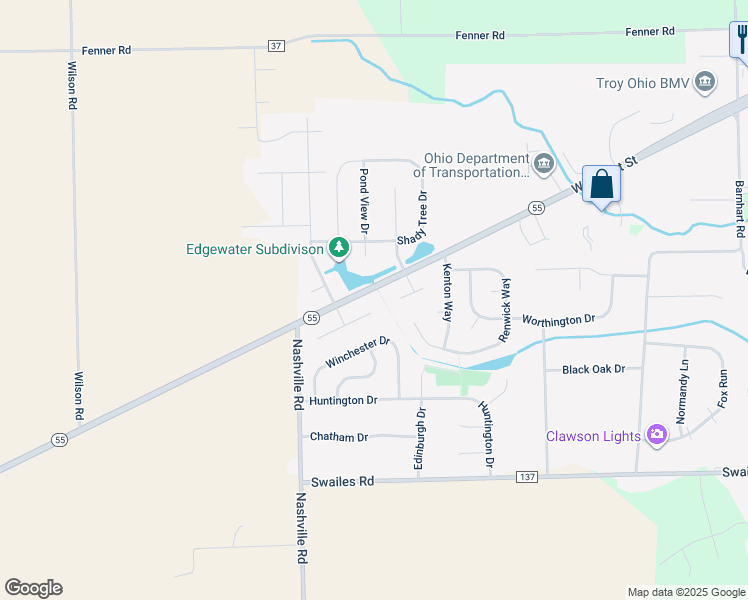 map of restaurants, bars, coffee shops, grocery stores, and more near 2721 Southside Drive in Troy