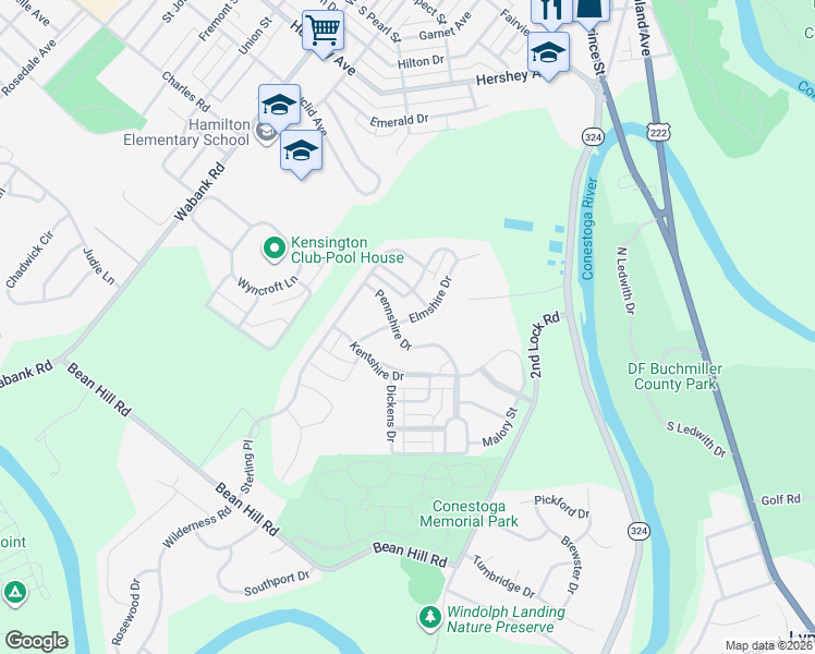 map of restaurants, bars, coffee shops, grocery stores, and more near 205 Elmshire Drive in Lancaster