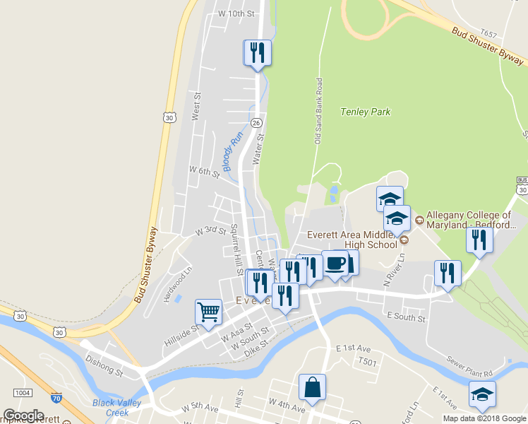 map of restaurants, bars, coffee shops, grocery stores, and more near Water Street in Everett