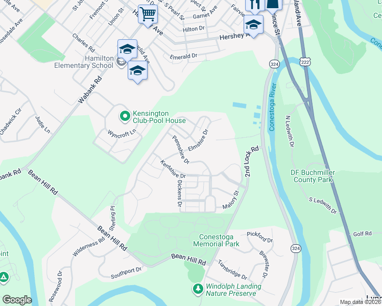 map of restaurants, bars, coffee shops, grocery stores, and more near 205 Elmshire Drive in Lancaster