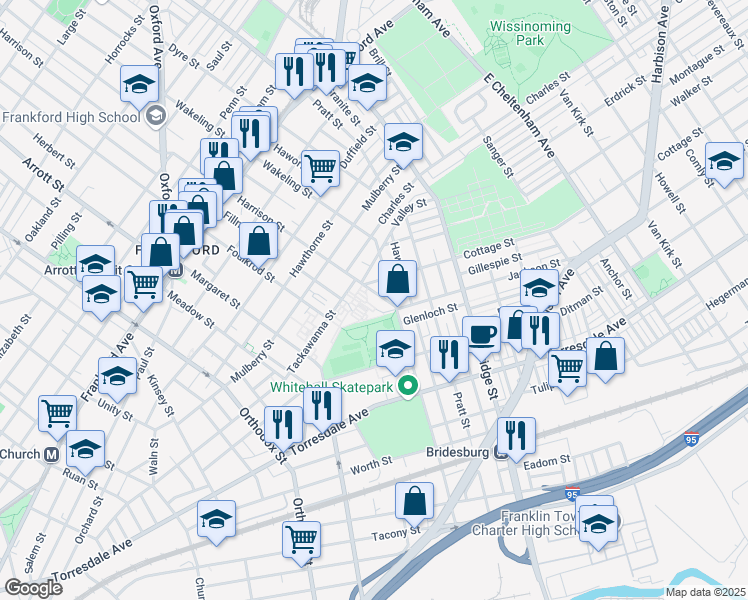 map of restaurants, bars, coffee shops, grocery stores, and more near 1924 Harrison Street in Philadelphia