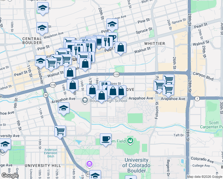 map of restaurants, bars, coffee shops, grocery stores, and more near 1933 Grove Street in Denver