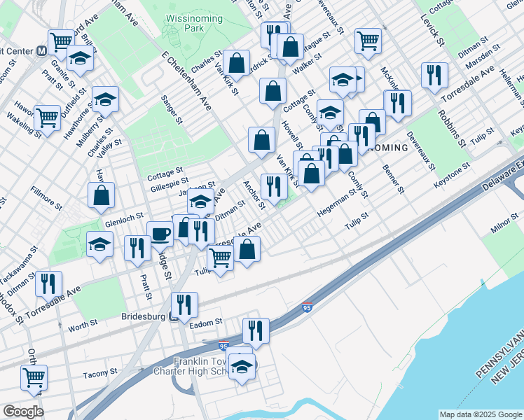 map of restaurants, bars, coffee shops, grocery stores, and more near 2088 Anchor Street in Philadelphia