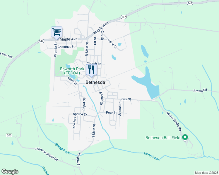 map of restaurants, bars, coffee shops, grocery stores, and more near 205 East Spring Street in Bethesda