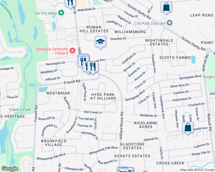 map of restaurants, bars, coffee shops, grocery stores, and more near 3134 Stouenburgh Drive in Hilliard