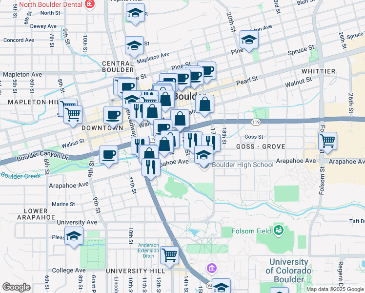 map of restaurants, bars, coffee shops, grocery stores, and more near 1722 14th Street in Boulder