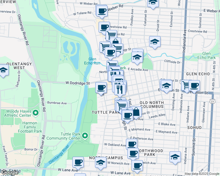 map of restaurants, bars, coffee shops, grocery stores, and more near 34 West Duncan Street in Columbus
