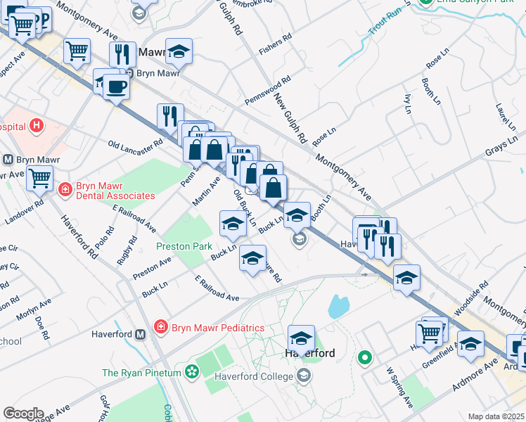map of restaurants, bars, coffee shops, grocery stores, and more near 20 Tenmore Road in Haverford