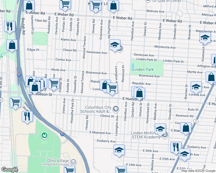 map of restaurants, bars, coffee shops, grocery stores, and more near 2447 Mcguffey Road in Columbus