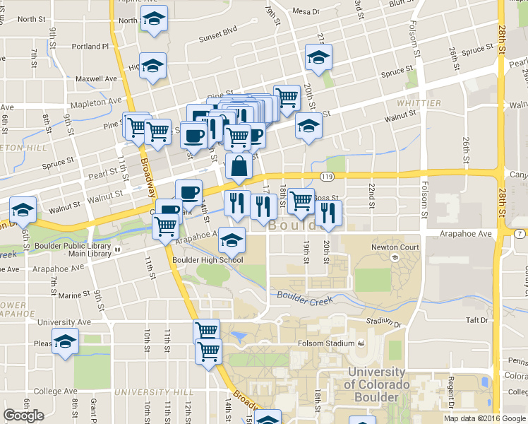 map of restaurants, bars, coffee shops, grocery stores, and more near 1631 Grove Street in Boulder