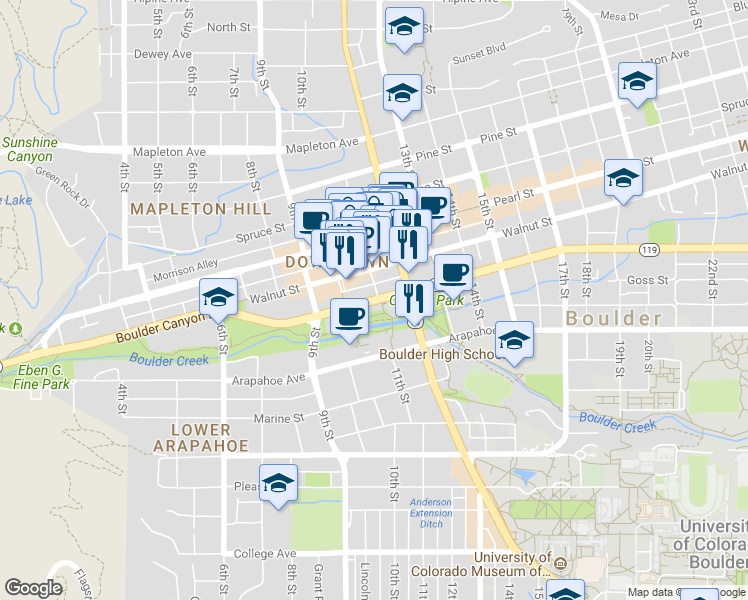 map of restaurants, bars, coffee shops, grocery stores, and more near 1077 Canyon Boulevard in Boulder