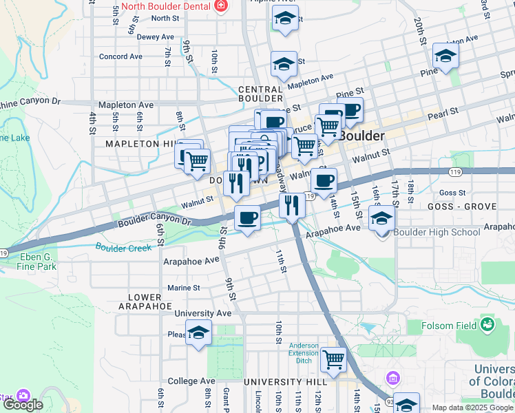 map of restaurants, bars, coffee shops, grocery stores, and more near in Boulder