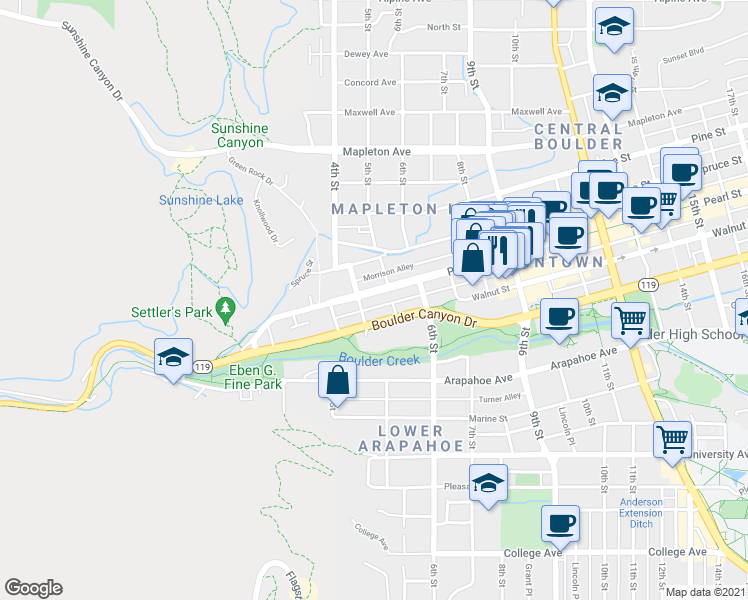 map of restaurants, bars, coffee shops, grocery stores, and more near 430 Pearl Street in Boulder