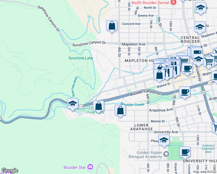map of restaurants, bars, coffee shops, grocery stores, and more near 287 Pearl Street in Boulder