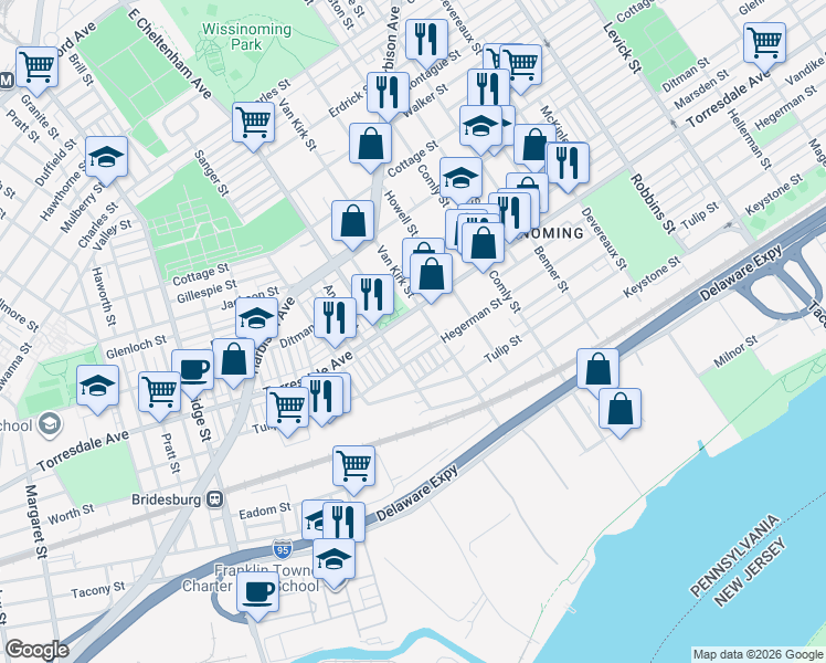 map of restaurants, bars, coffee shops, grocery stores, and more near 4728 Van Kirk Street in Philadelphia