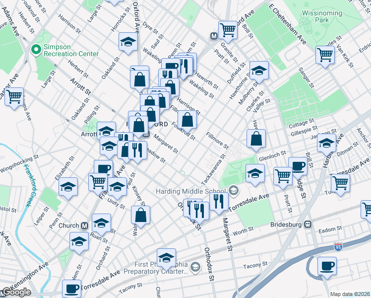 map of restaurants, bars, coffee shops, grocery stores, and more near 1695 Margaret Street in Philadelphia