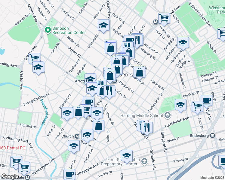 map of restaurants, bars, coffee shops, grocery stores, and more near 4652 Paul Street in Philadelphia