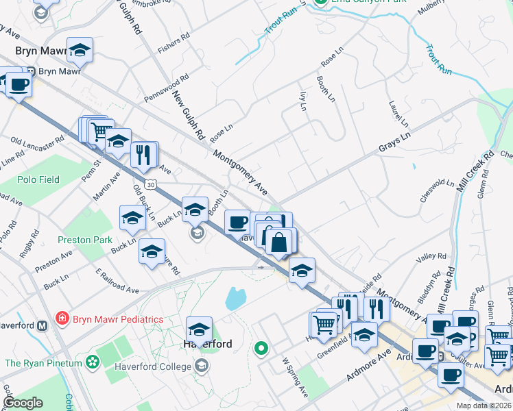 map of restaurants, bars, coffee shops, grocery stores, and more near 424 Old Lancaster Road in Haverford