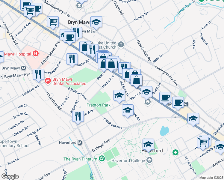 map of restaurants, bars, coffee shops, grocery stores, and more near 731 Old Buck Lane in Haverford