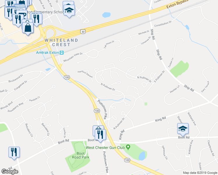 map of restaurants, bars, coffee shops, grocery stores, and more near 307 Huntington Court in West Chester