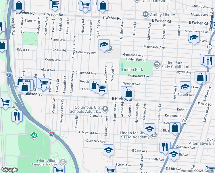 map of restaurants, bars, coffee shops, grocery stores, and more near 2438 Lexington Avenue in Columbus