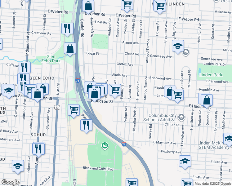 map of restaurants, bars, coffee shops, grocery stores, and more near 2479 Pontiac Street in Columbus